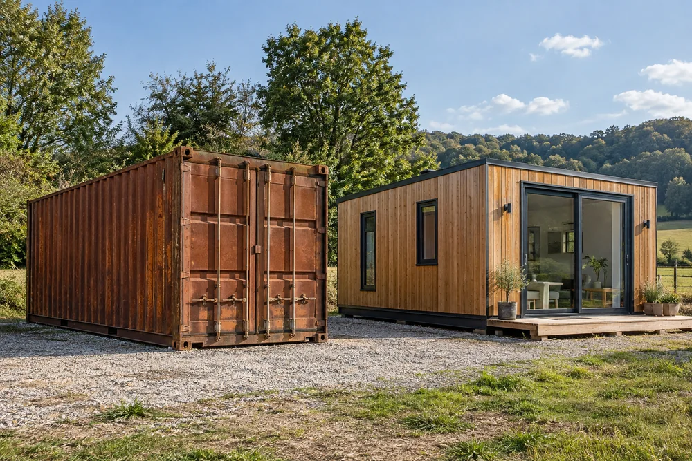 Rostbrauner Rohcontainer neben einem ausgebauten Wohnmodul mit Holzfassade