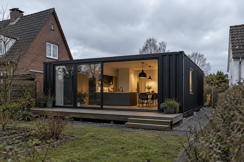 Schwarzer Wohncontainer mit sichtbarer offener Küche und Terrasse zwischen Wohnhäusern