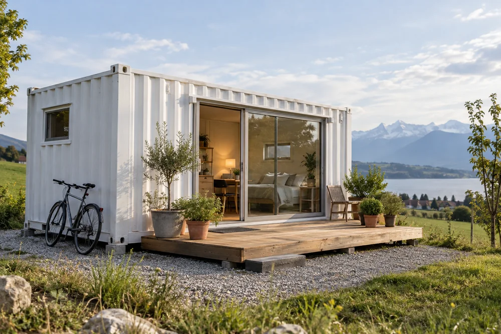 Weißes Wohnmodul mit großer Glasfront, Holzdeck und Fahrrad vor einer Berglandschaft
