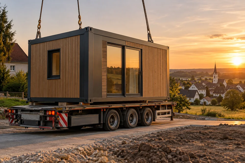 Wohnmodul mit Holzfassade an Kranseilen über einem Tieflader im Abendlicht