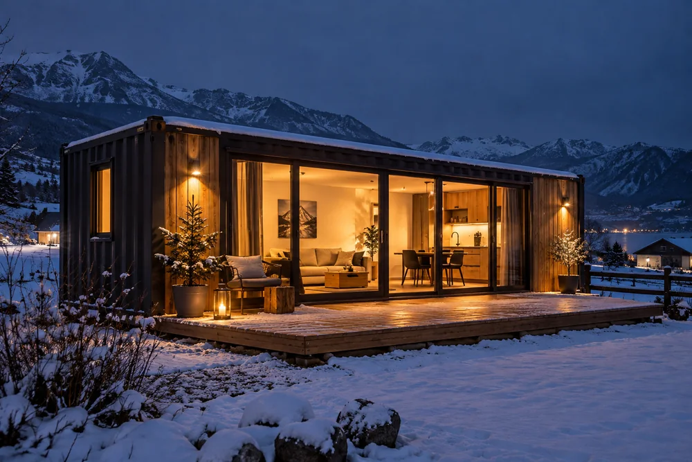 Warm beleuchteter Wohncontainer mit Holzterrasse in einer verschneiten Berglandschaft