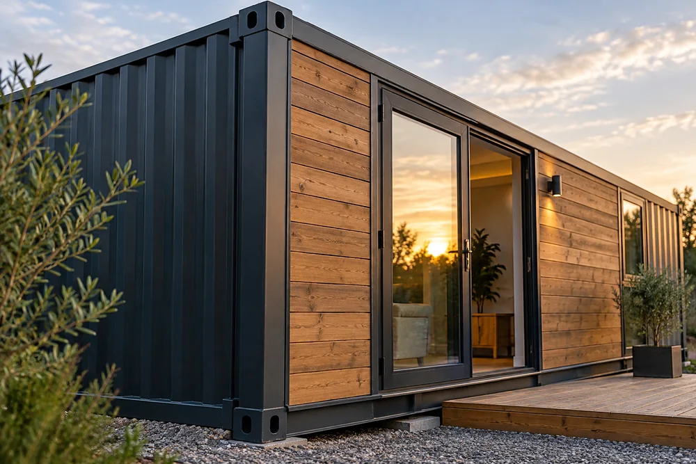 Wohncontainer mit dunklem Rahmen, Holzverkleidung und bodentiefen Fenstern