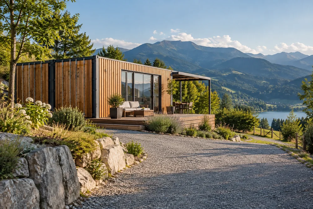 Holzverkleideter Wohncontainer mit Terrasse an einem Hang mit weitem Bergblick