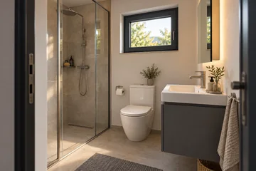Kompaktes Badezimmer im Wohnmodul mit Glasdusche, schmalem Waschtisch, WC und Tageslichtfenster