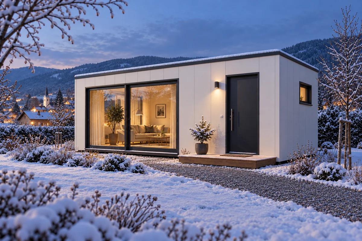 Weißes Wohnmodul mit beleuchtetem Innenraum vor verschneiter Landschaft im blauen Abendlicht
