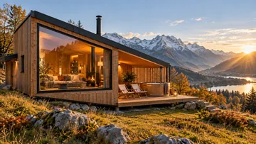 Tiny House mit Holzfassade, Kamin und Panoramafenster vor verschneiten Bergen