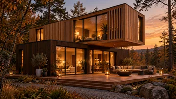 Zweigeschossiges Holz-Containerhaus mit auskragendem Obergeschoss am Waldrand
