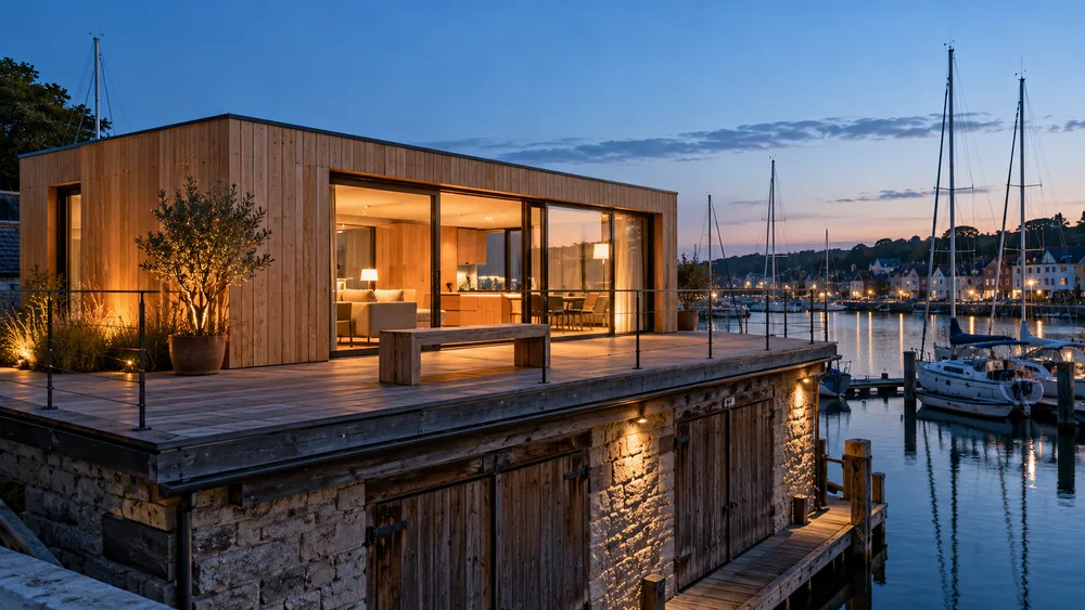 Wohncontainer mit heller Holzfassade und Dachterrasse über einem Hafen