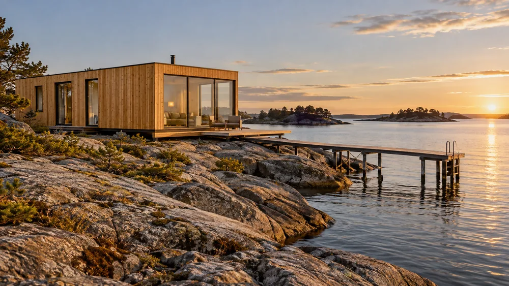 Holz-Wohncontainer mit Eckfenster und Sitzterrasse am ruhigen Wasser