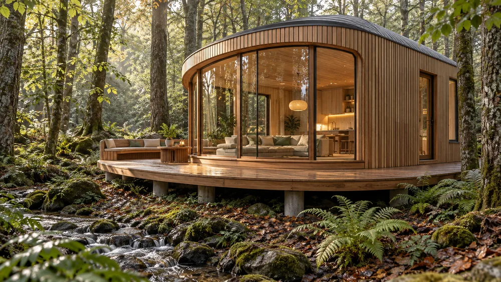Rundes Tiny House mit geschwungenem Dach und Glasfront im Farnwald