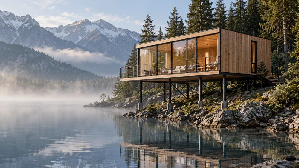Holzhaus auf schlanken Stützen über dem Ufer eines nebligen Bergsees