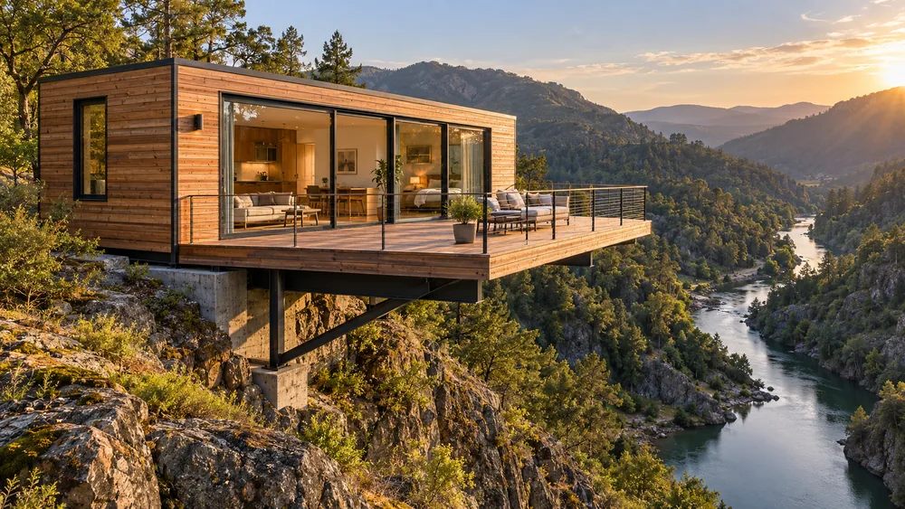 Auskragendes Holz-Wohnmodul mit umlaufender Terrasse über einer Flussschlucht