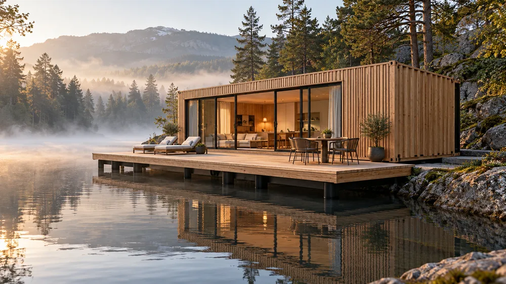 Holz-Wohncontainer mit breitem Deck und flacher Uferterrasse am stillen Fluss