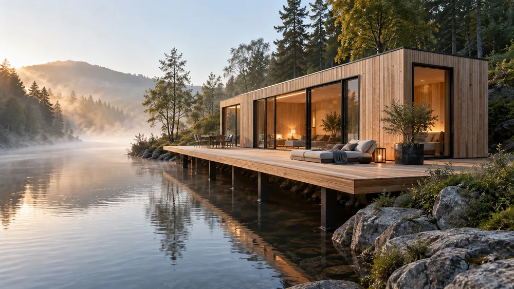 Wohnhaus in Holzoptik mit langem Ufersteg und Sitzplatz im Morgennebel