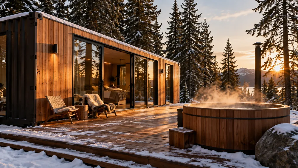 Beleuchtetes Holz-Tiny-House mit runder Außenwanne auf verschneiter Terrasse