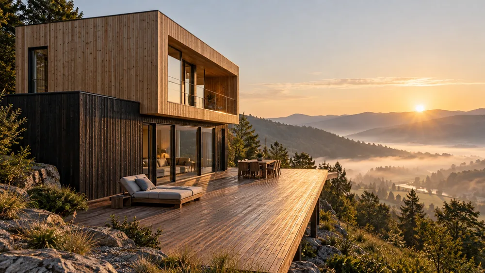 Zweifarbiges Holz-Containerhaus mit dunklem Erdgeschoss und breiter Aussichtsterrasse