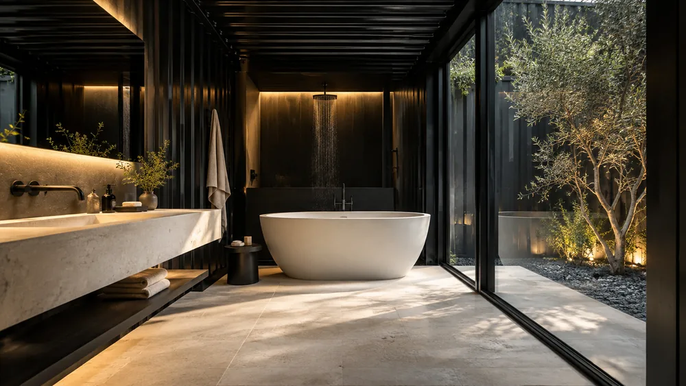 Dunkles Containerbad mit freistehender Badewanne und bodentiefem Gartenfenster