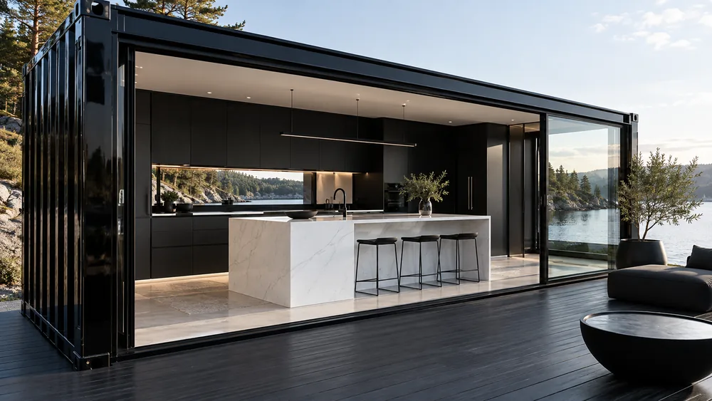 Schwarze Containerküche mit weißer Kochinsel und geöffneter Glasfront