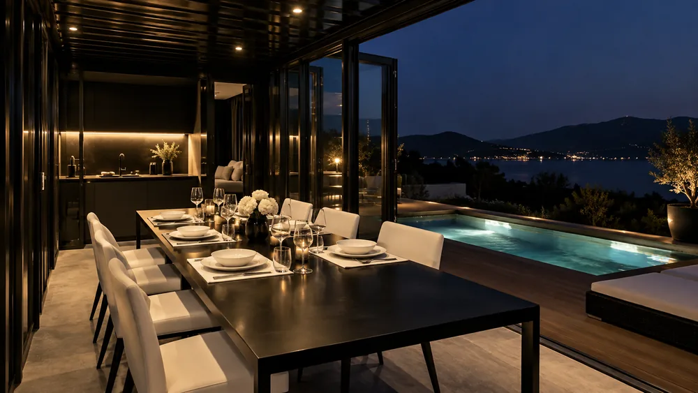 Essbereich mit gedecktem Tisch und schwarzer Decke am beleuchteten Pool