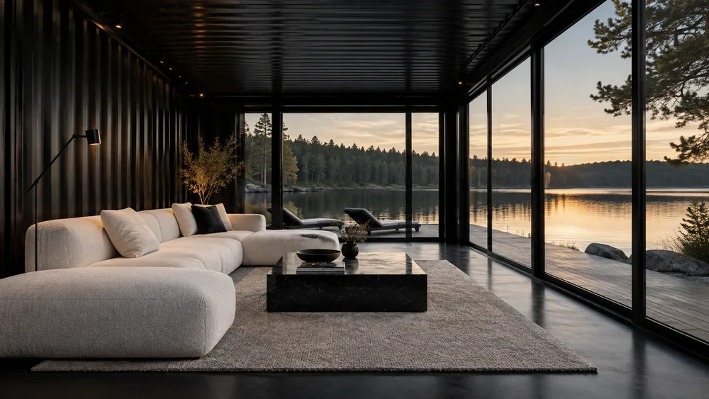 Schwarz-weißes Container-Wohnzimmer mit Ecksofa und Blick auf einen stillen See