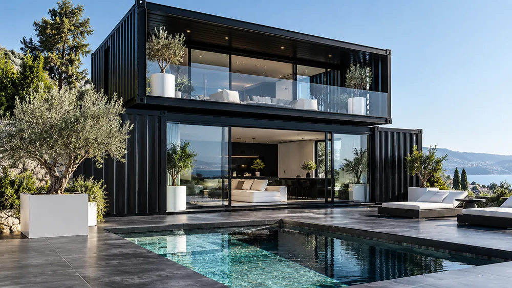 Schwarzes zweigeschossiges Containerhaus mit Glasbalkon und Pooldeck