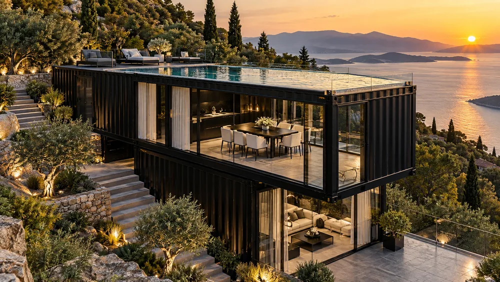 Dunkles Containerhaus am Küstenhang mit Pool auf der Dachterrasse