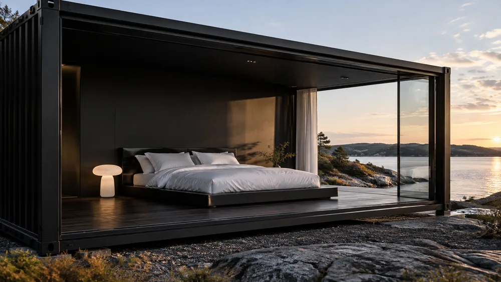 Schwarzes Schlafmodul mit Doppelbett und weit geöffneter Glasfront