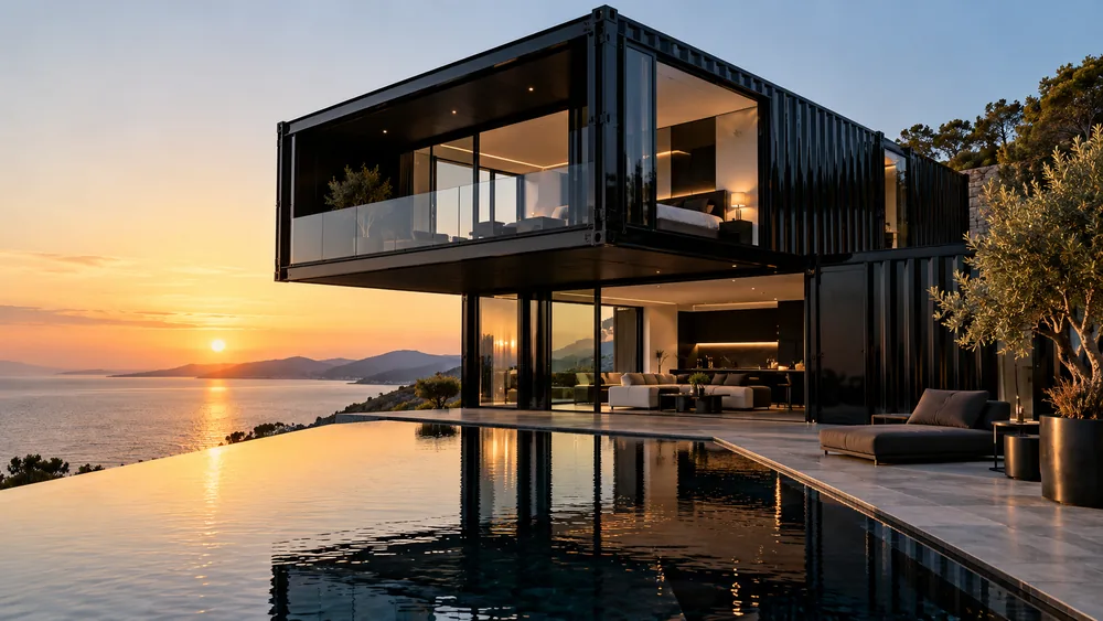 Tiefschwarze Container-Wohnidee mit auskragendem Obergeschoss am Infinity-Pool