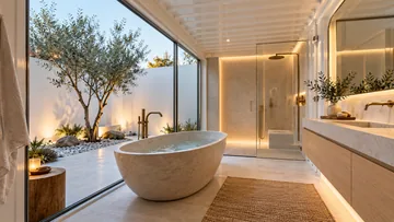 Helles Containerbad mit ovaler Badewanne und kleinem begrüntem Innenhof