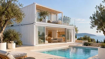 Weiße zweigeschossige Container-Villa mit versetzten Modulen am Pooldeck