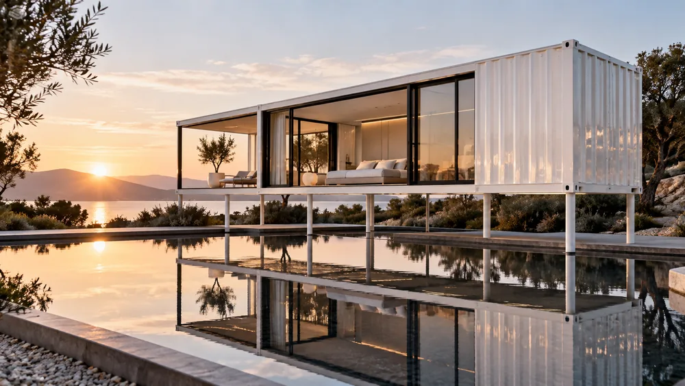Weißer Containerpavillon mit offener Terrasse über einem Spiegelpool
