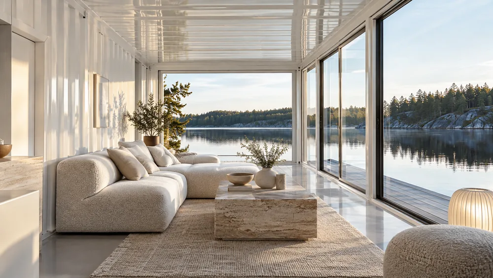 Helles Container-Wohnzimmer mit geschwungenem Sofa und breiter Fensterfront am See