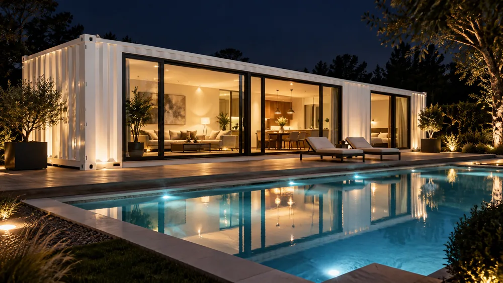 Weißes ebenerdiges Containerhaus mit warm beleuchteter Glasfront am Nachtpool