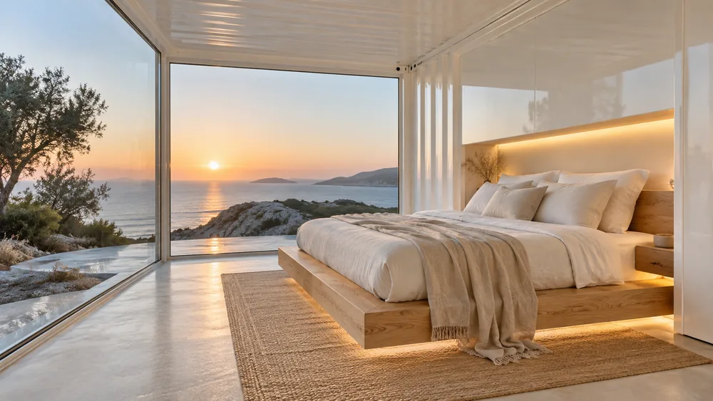 Weißes Schlafmodul mit Holz-Doppelbett und offenem Blick auf die Küste
