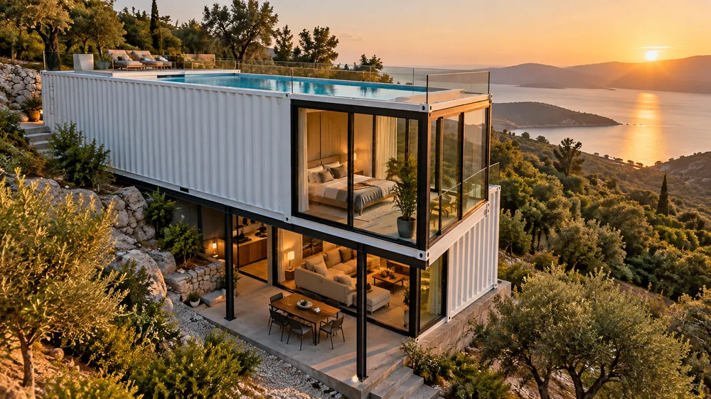 Weißes Containerhaus am Hang mit Dachpool und weitläufiger Aussicht