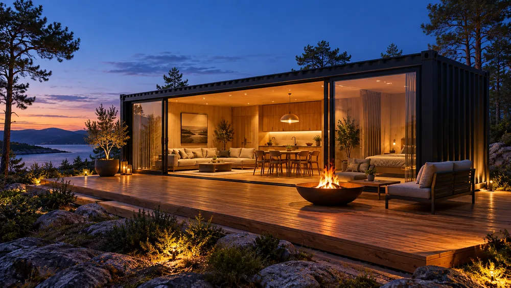 Schwarzer Wohncontainer mit Holzterrasse und Feuerschale zur blauen Stunde