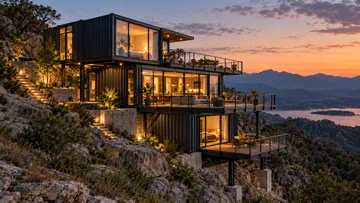 Dreigeschossiges dunkles Containerhaus mit offenen Terrassen am Felsenhang