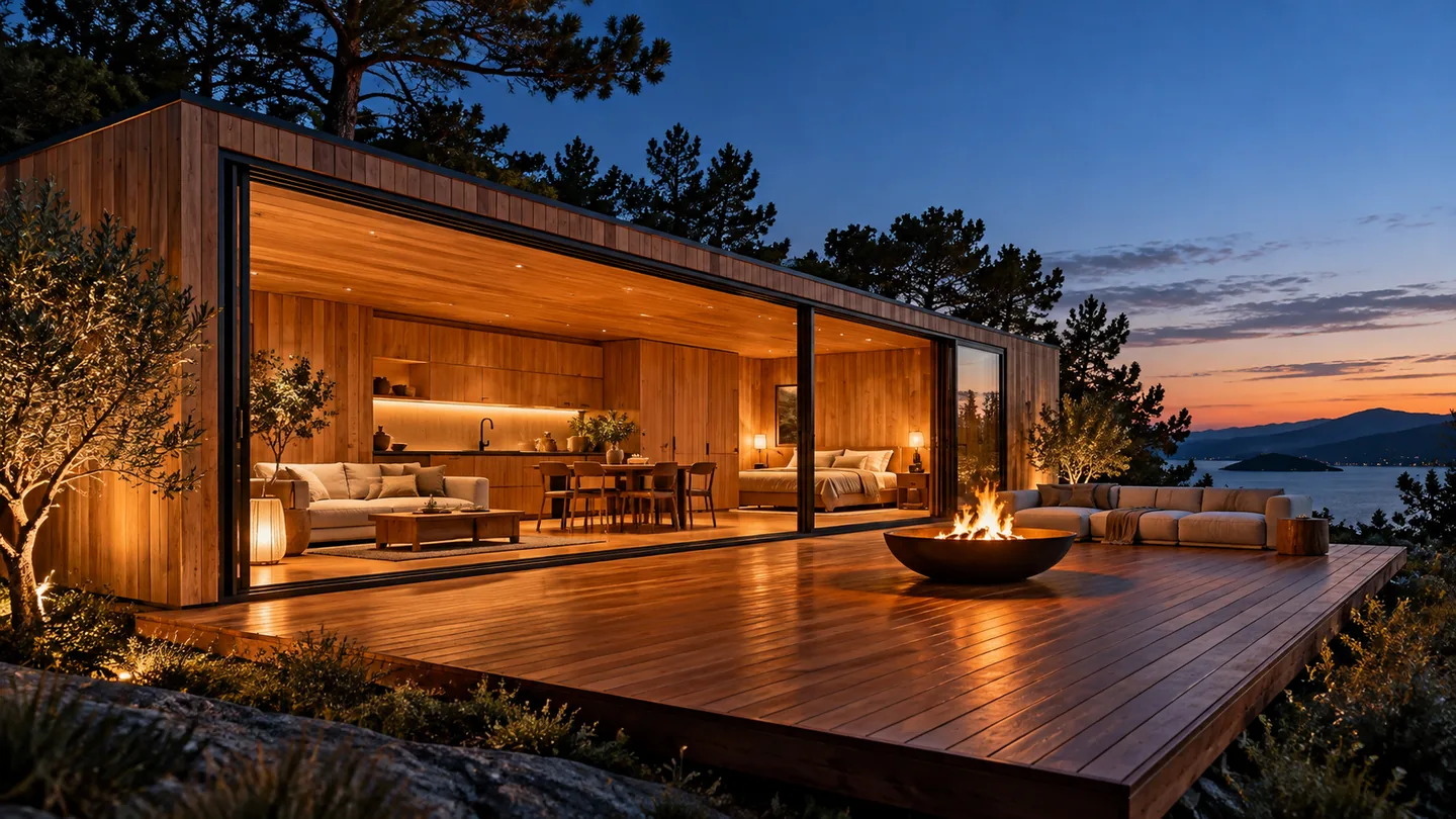 Open timber-clad container home with a living kitchen and wide terrace in the evening