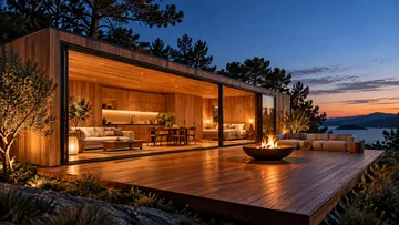 Offener Wohncontainer mit Holzfassade, Wohnküche und breiter Terrasse am Abend