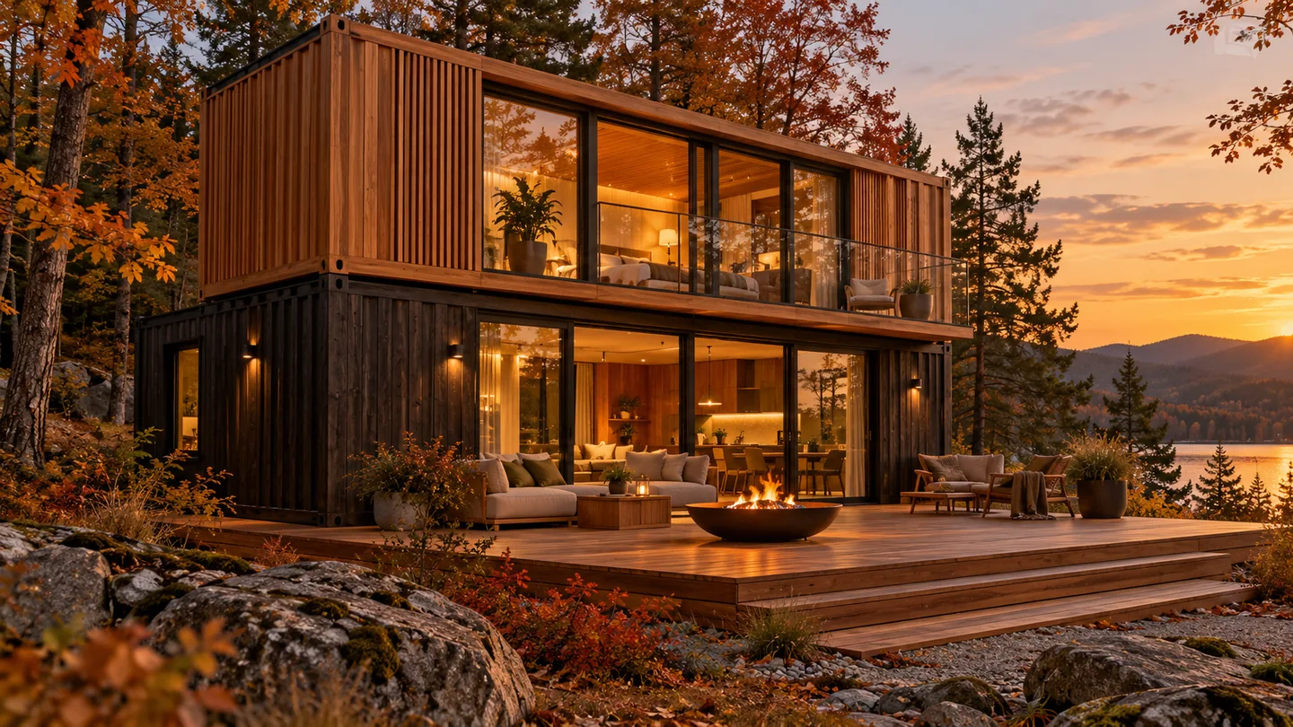 Two-storey timber container home with a fire bowl among autumn trees
