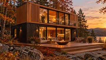 Zweigeschossiges Holz-Containerhaus mit Feuerstelle vor herbstlichen Bäumen