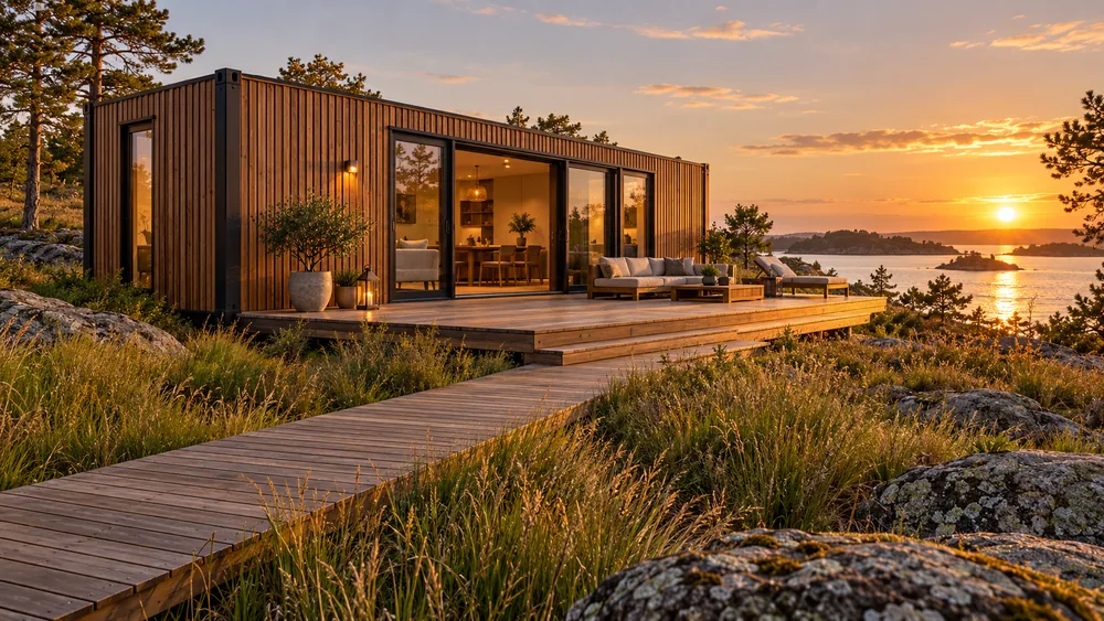 Holz-Wohncontainer mit geradem Zugangsweg und Terrasse über dem Meer
