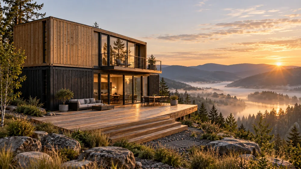 Zweigeschossiges Wohnmodul mit Holzfassade über einem nebligen Tal bei Sonnenaufgang