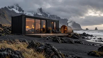 Schwarzer Wohncontainer mit Terrasse und runder Außenkabine an einer felsigen Bergküste