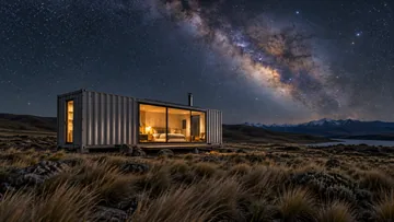 Kleiner dunkler Wohncontainer mit beleuchteter Glasfront unter einem Sternenhimmel