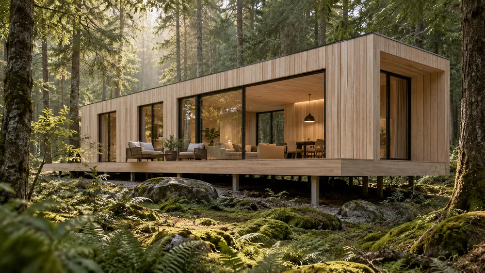 Helles langes Holzhaus mit überdachter Sitzterrasse über moosigem Waldboden