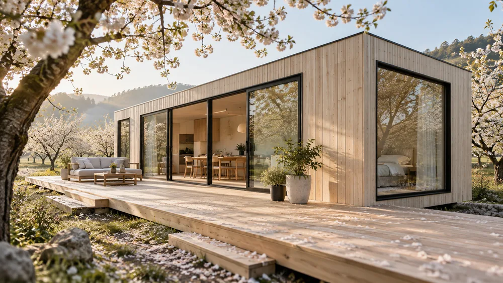 Heller Containerbungalow mit Eckfenster und Holzterrasse unter blühenden Bäumen