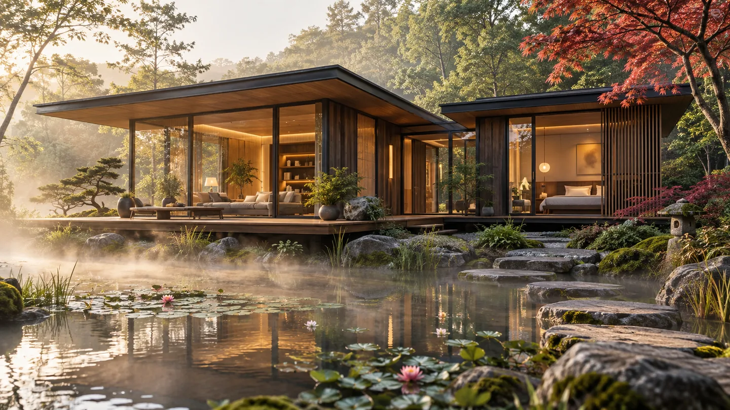 Two timber living modules with generous roof overhangs beside a garden pond