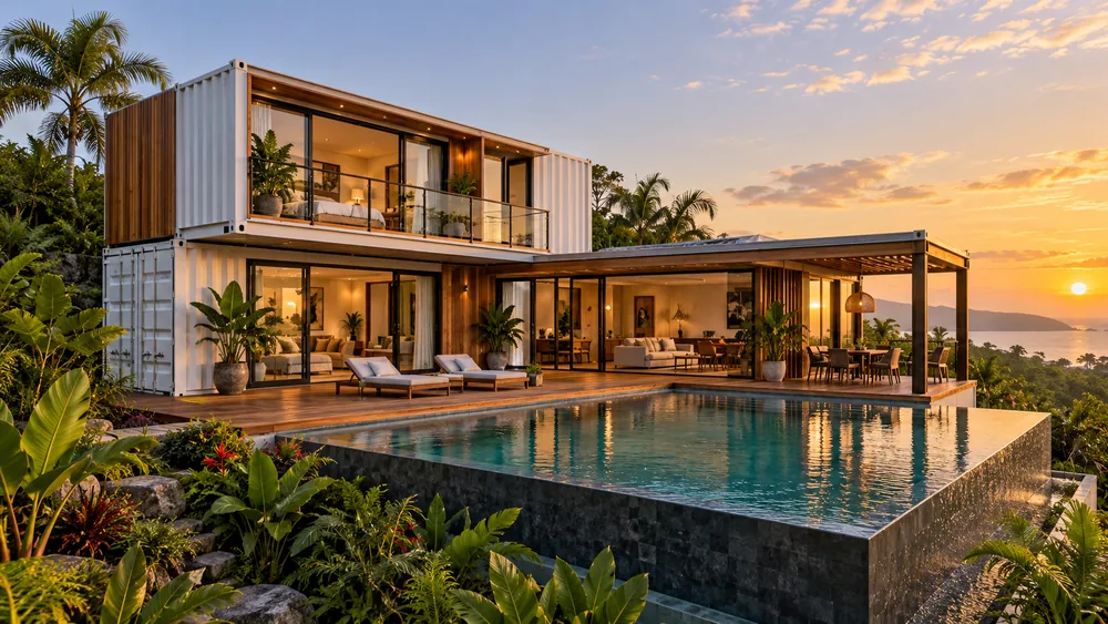 L-förmiges zweigeschossiges Containerhaus mit breiter Glasfront am Pool zwischen Palmen