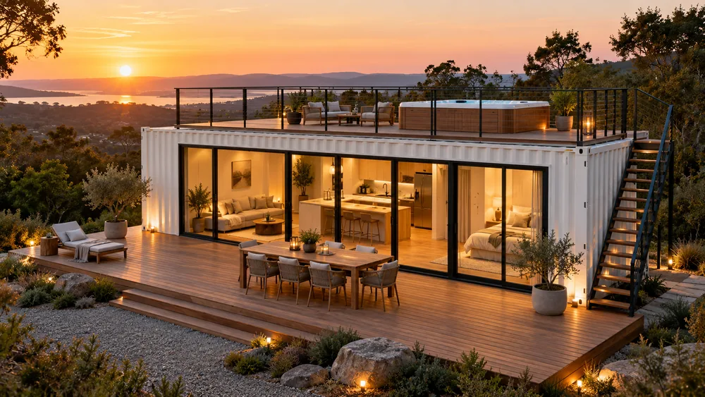 Weißes Containerhaus mit Dachterrasse, Außentreppe und Sitzplatz im Abendlicht